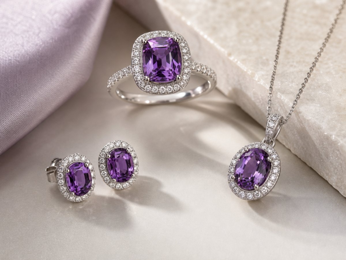 Gemas de espinela violeta mostradas en joyería