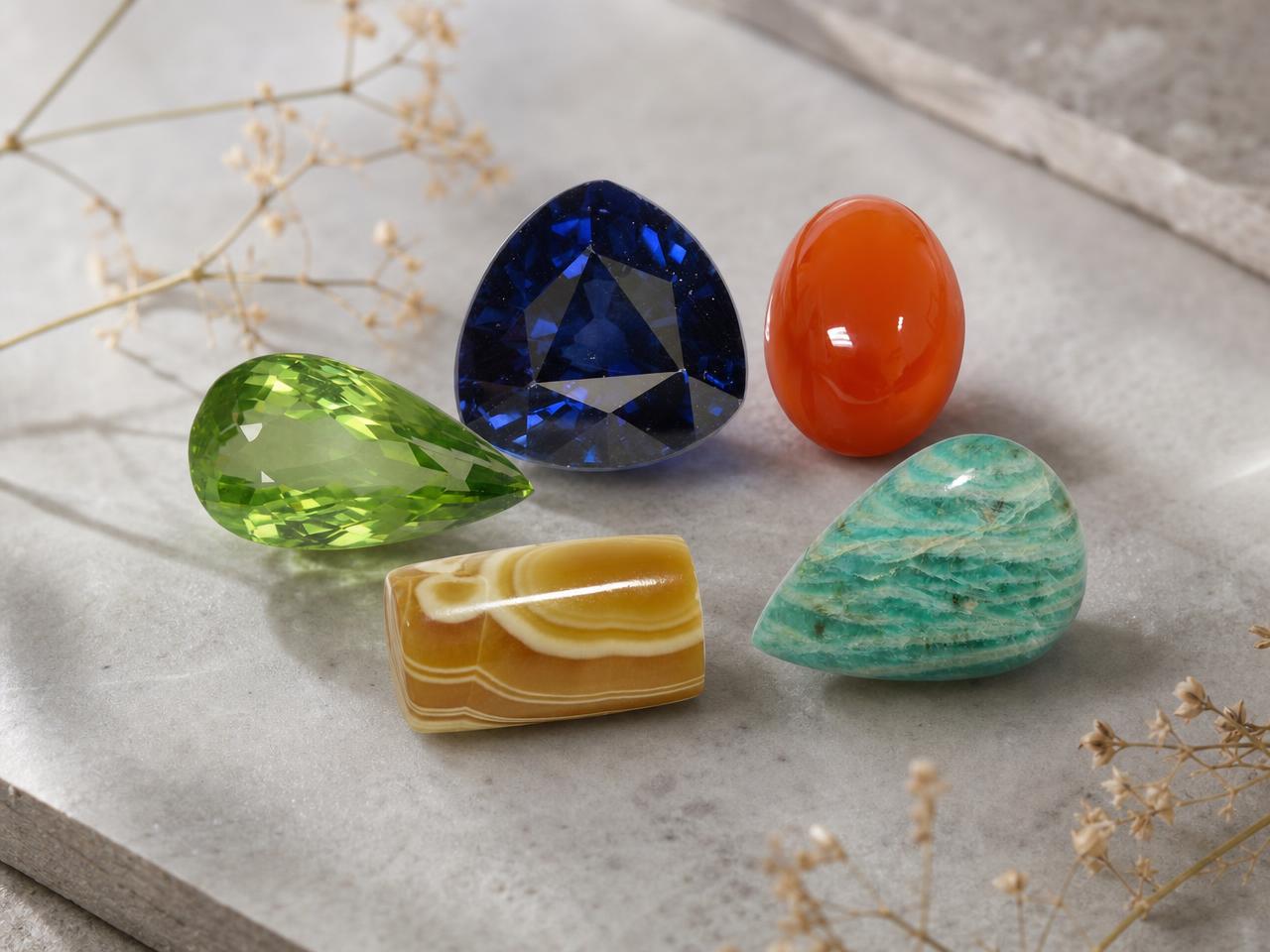 Piedras preciosas naturales sueltas seleccionadas como piedras de nacimiento de Virgo.