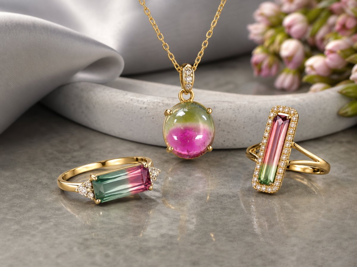 Gemas de turmalina sandía mostradas en joyería