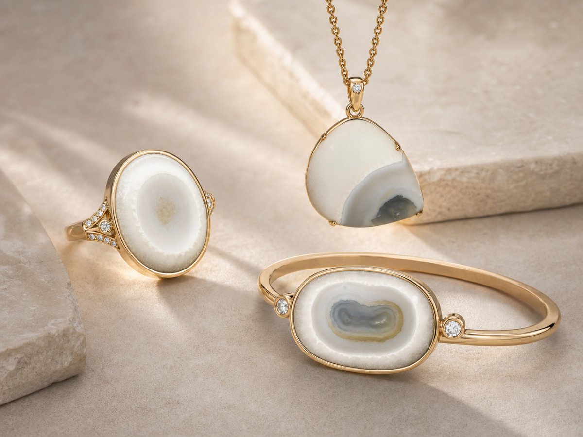 Gemas de ágata blanca mostradas en joyería