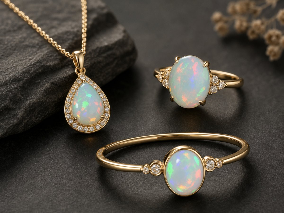Gemas de ópalo blanco mostradas en joyería