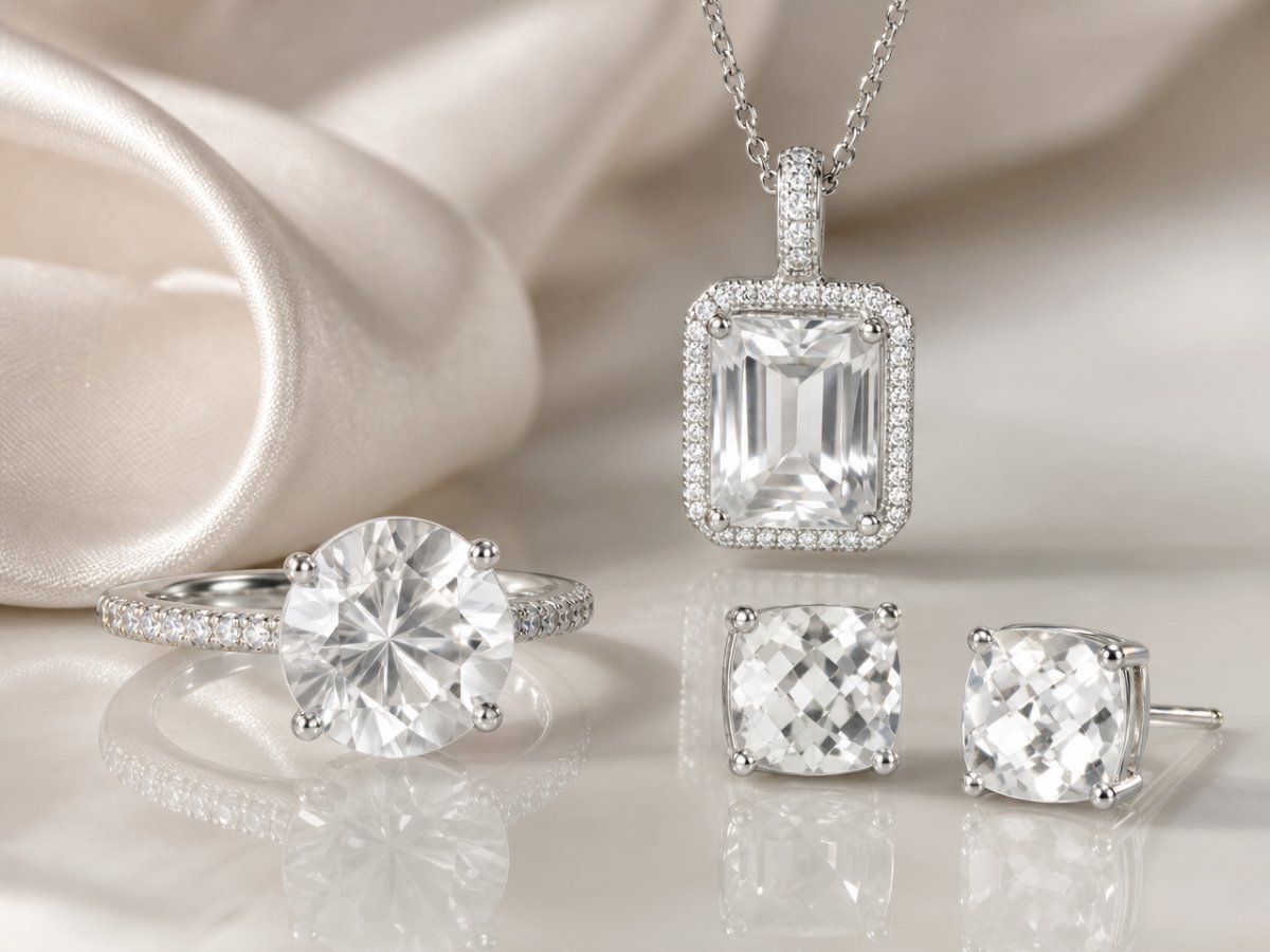 Gemas de cuarzo blanco mostradas en joyería