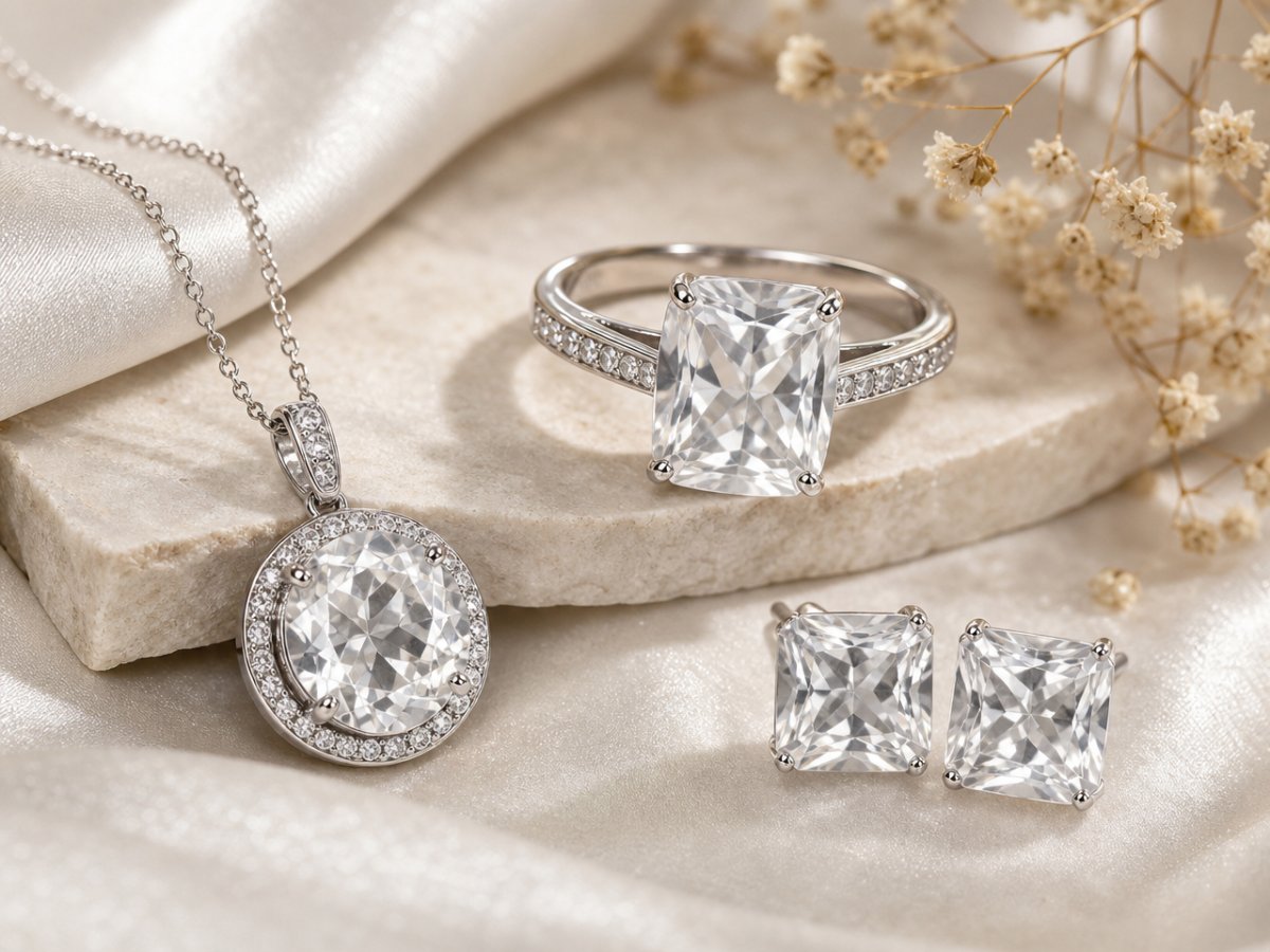 Gemas de cuarzo blanco mostradas en joyería