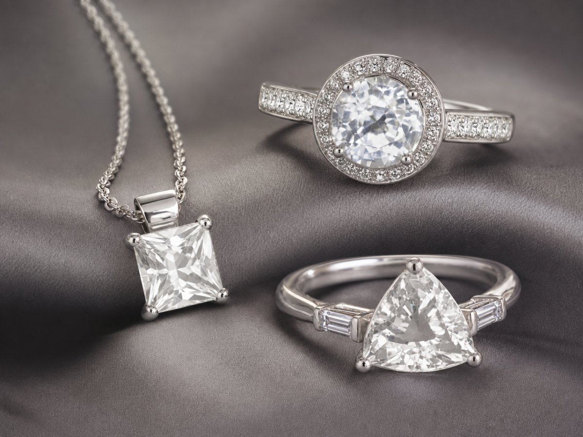 Gemas de zafiro blanco mostradas en joyería
