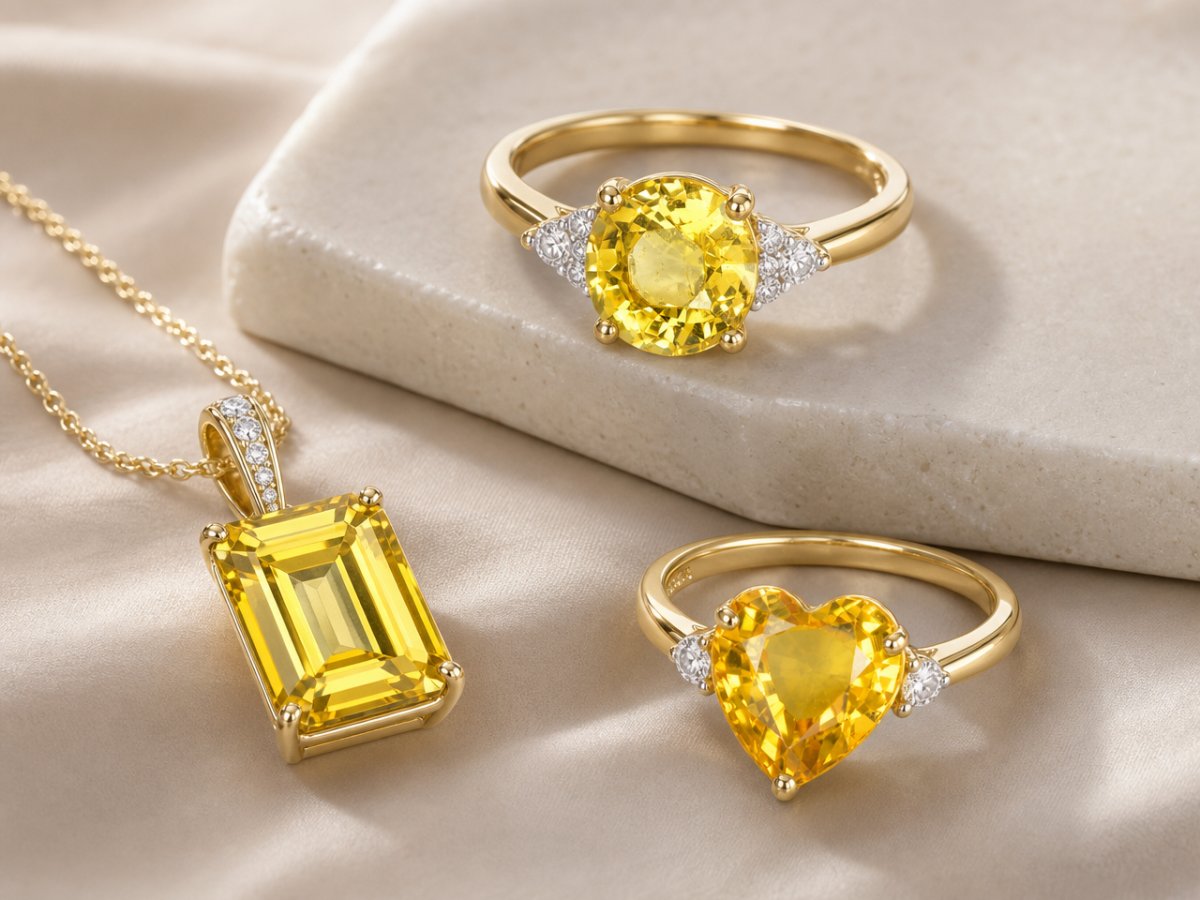 Gemas de zafiro amarillo mostradas en joyería