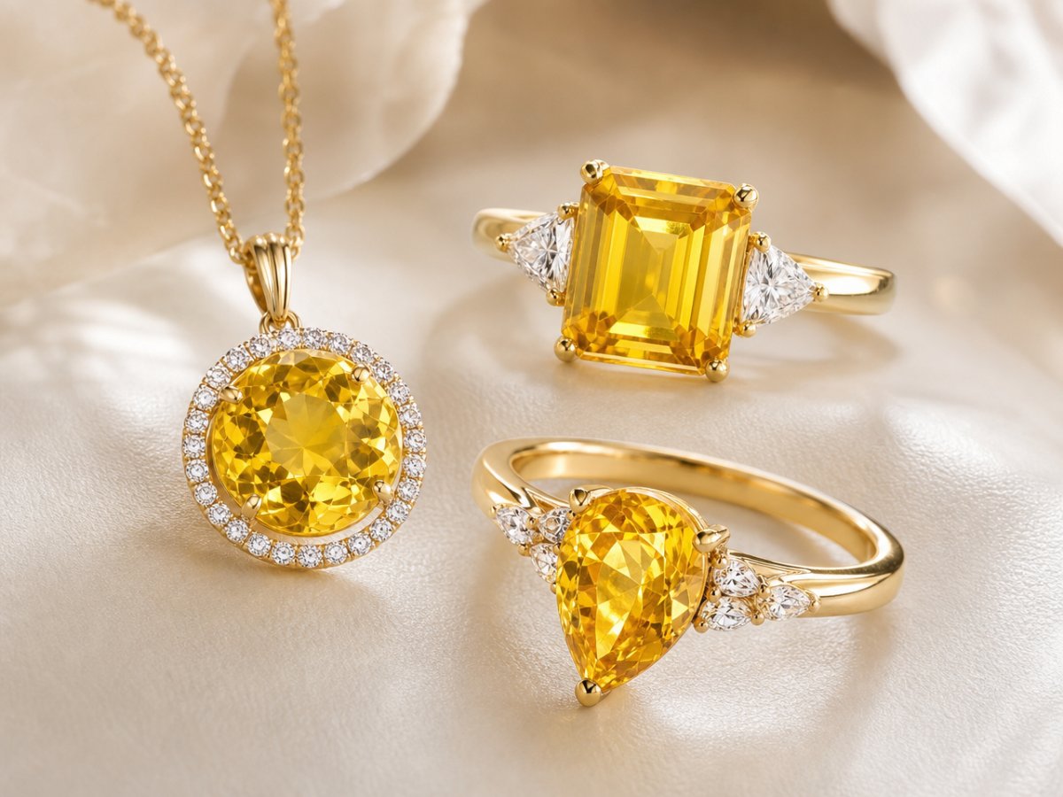 Gemas de zafiro amarillo mostradas en joyería