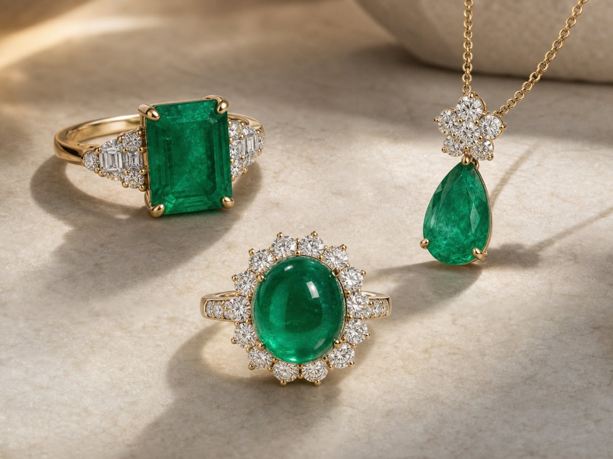 Gemas de esmeralda de Zambia mostradas en joyería