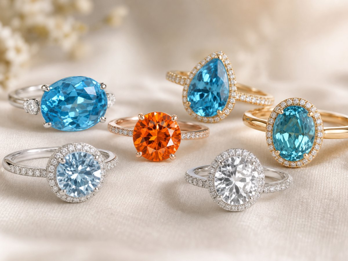 Piedras preciosas de circonita mostradas en joyería