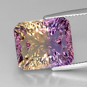 Ametrino bicolor natural de 12,66 ct, corte esmeralda, VVS-VS