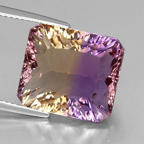 Ametrino bicolor natural de 10,76 ct, corte esmeralda, VVS