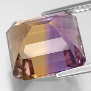 Ametrino bicolor natural de 10,62 ct, corte esmeralda, VVS