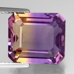 Ametrino bicolor natural de 7,95 ct, corte esmeralda, VVS