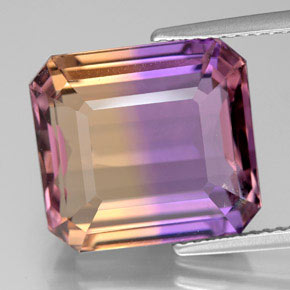 Ametrino bicolor natural de 11,07 ct, corte esmeralda, VS