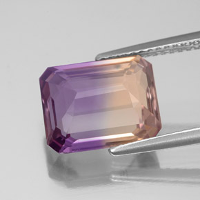 Ametrino bicolor natural de 4,36 ct, corte esmeralda, VS