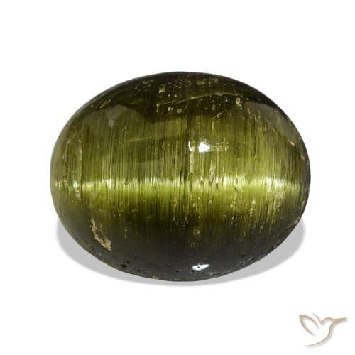 Turmalina ojo de gato Verde medio natural de 13.44 ct, Corte Óvalo, Opaco