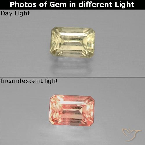 Diasporo con cambio de color amarillo natural de 0,86 ct, corte esmeralda, VS-SI