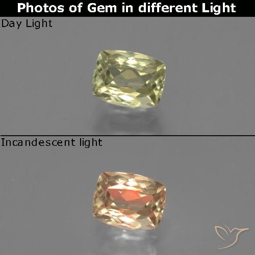 1.31ct Natural Verde amarillo Diásporo con Cambio de Color, Forma Cojín, VS