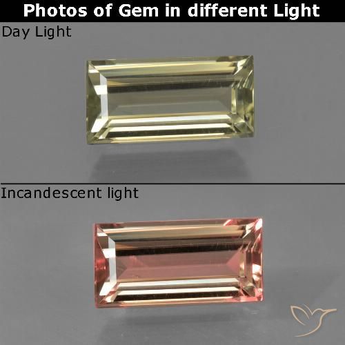 1.33ct Natural Amarillo amarronado Diásporo con Cambio de Color, Corte Baguette, VVS