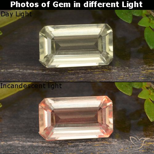 0.91ct Natural Amarillo pálido Diásporo con Cambio de Color, corte esmeralda, VVS-VS