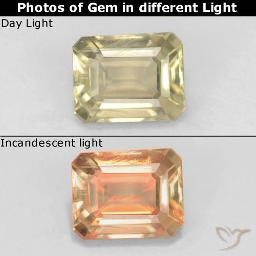 0.79ct Natural Beige amarillo Diásporo con Cambio de Color, corte esmeralda, VS