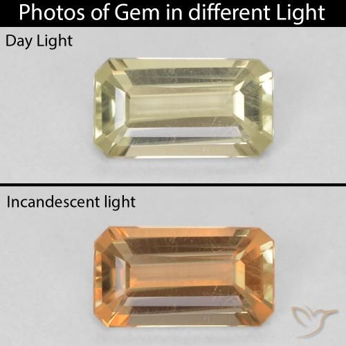 0.74ct Natural Verde amarillo Diásporo con Cambio de Color, corte esmeralda, VS