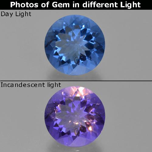 Fluorita con cambio de color azul oscuro natural de 12,60 ct, corte redondo, VS