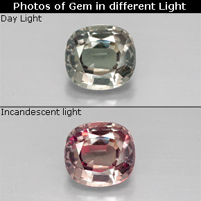 Granate con cambio de color multicolor natural de 1,30 ct, corte cojín, VS