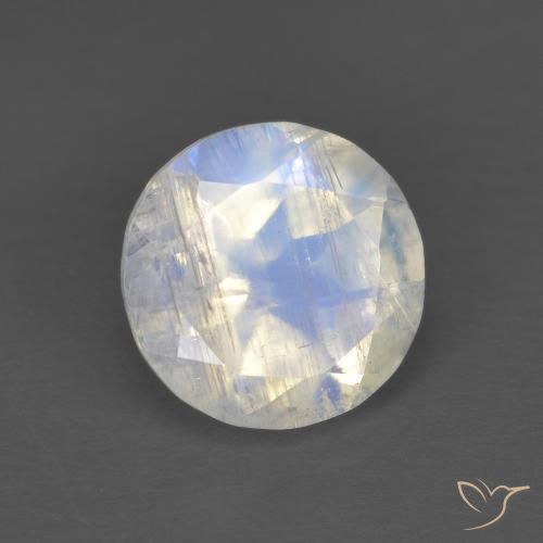 Piedra lunar arcoíris Blanco azulado natural de 1.30 ct, Redondo, Transparente