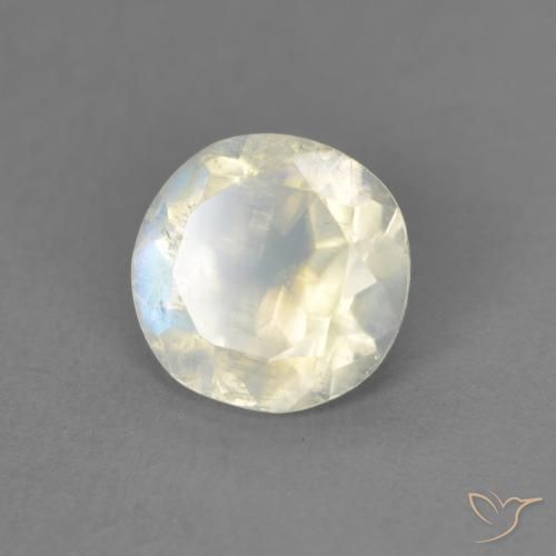 Piedra lunar arcoíris Blanco azulado natural de 1.19 ct, Redondo, Transparente