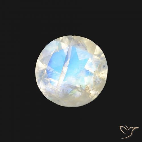 Piedra lunar arcoíris Blanco azulado natural de 1.04 ct, Redondo, Transparente