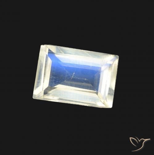 Piedra lunar arcoíris Blanco azulado natural de 0.72 ct, Corte Baguette, Transparente
